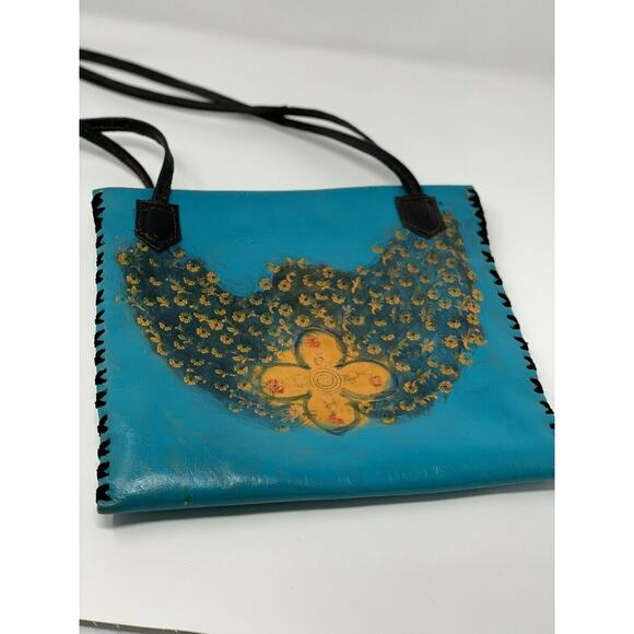 Hand Made  Aqua Floral Leather Messenger Handbag - Picture 6 of 6
